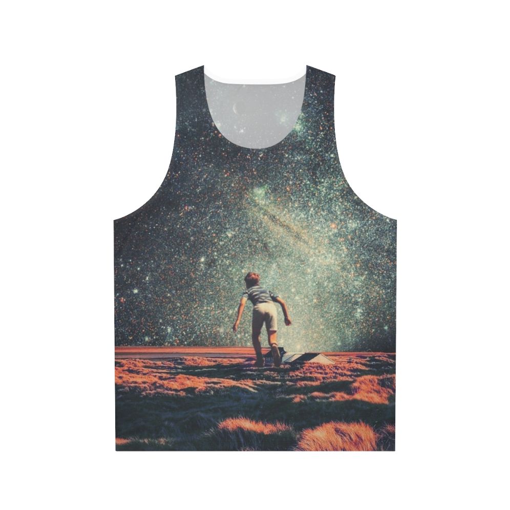 Nostalgic unisex tank top with retro space-inspired graphic design