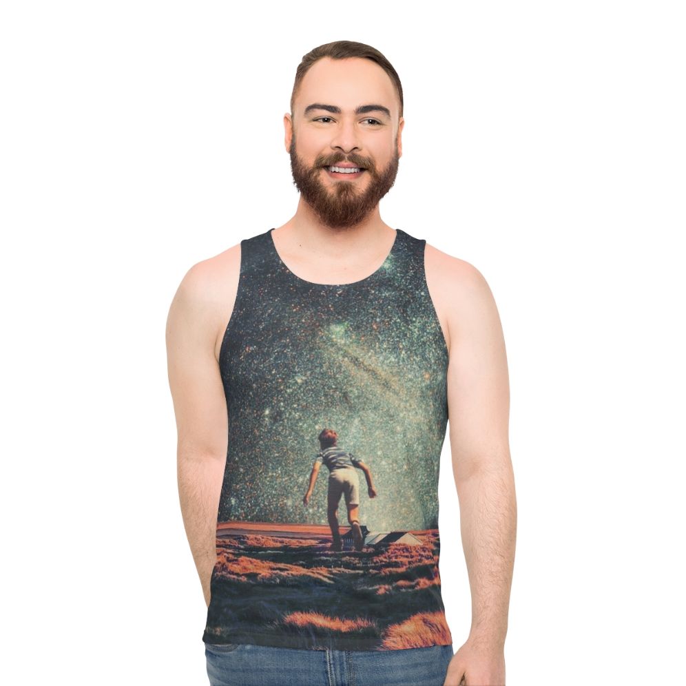 Nostalgic unisex tank top with retro space-inspired graphic design