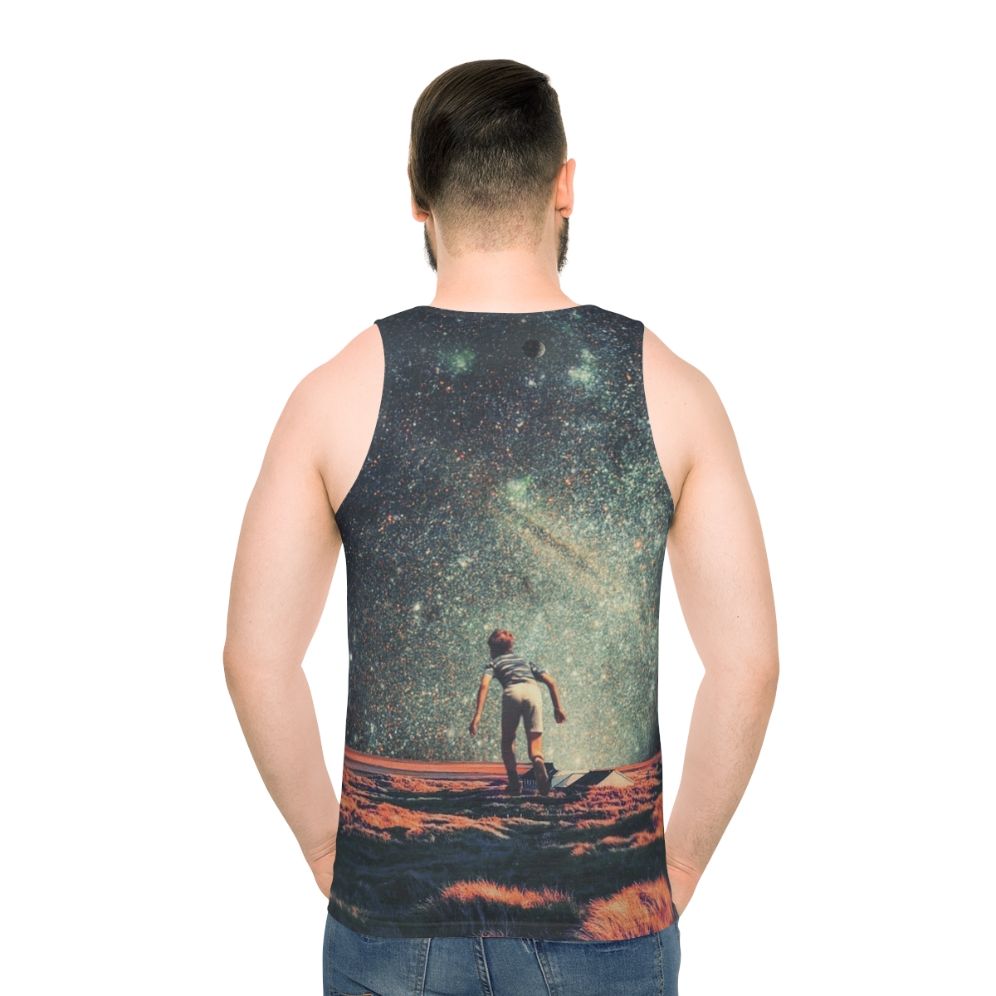 Nostalgic unisex tank top with retro space-inspired graphic design