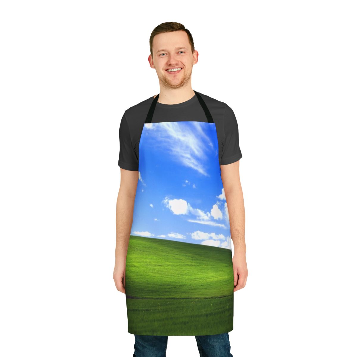 Windows XP default desktop background printed on a high-quality kitchen apron