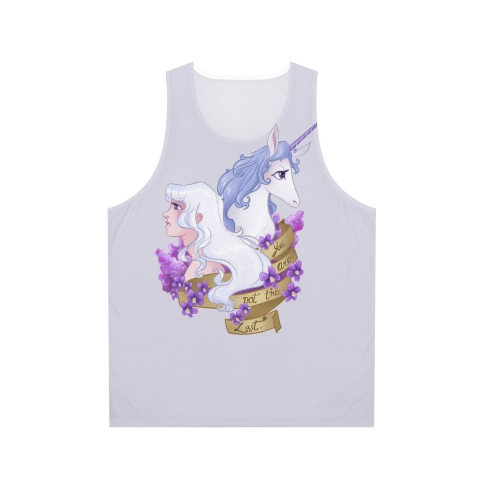 "Unisex 'Not The Last' fantasy tank top with floral and unicorn design"