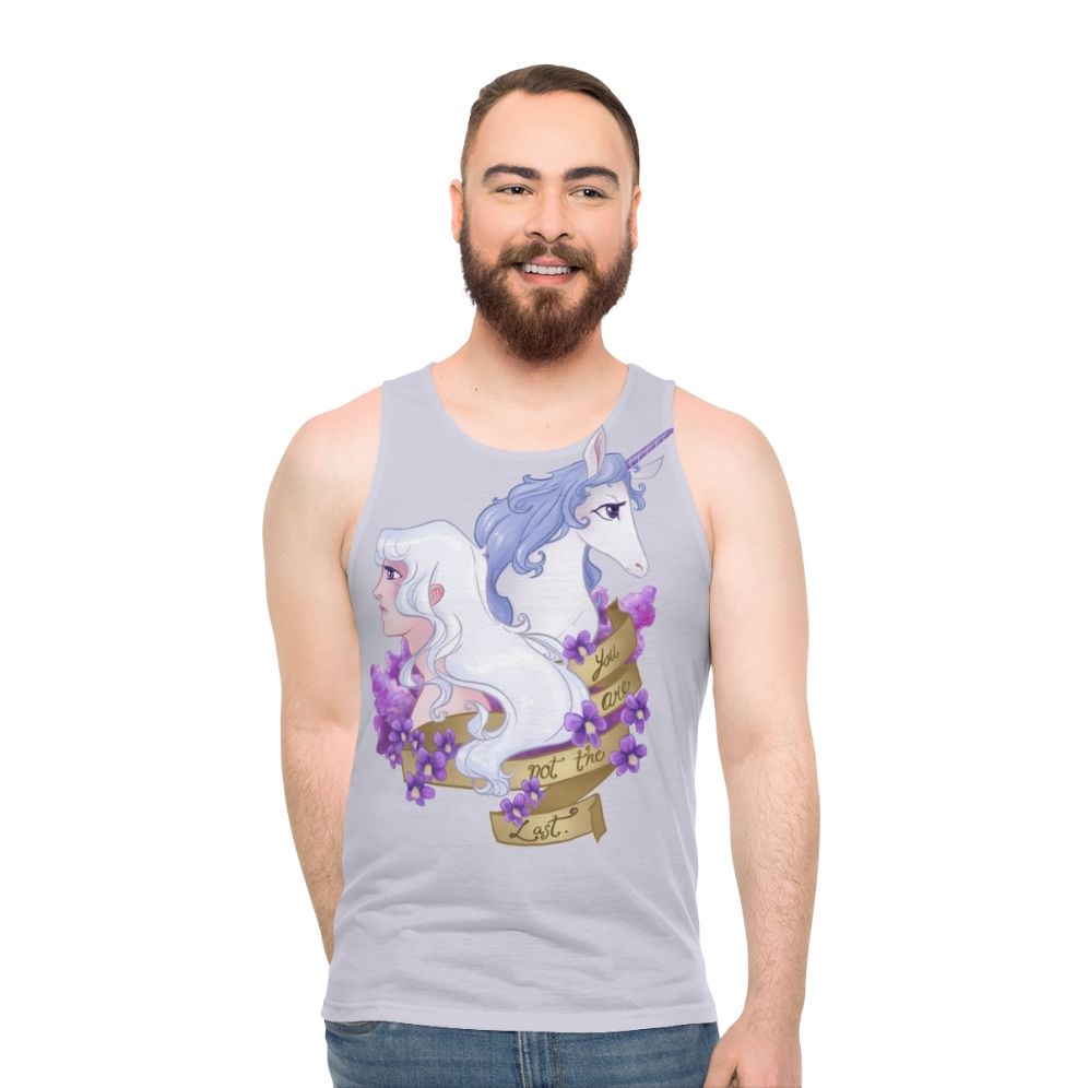 "Unisex 'Not The Last' fantasy tank top with floral and unicorn design"