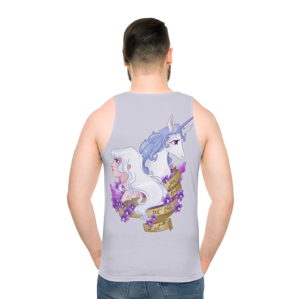 "Unisex 'Not The Last' fantasy tank top with floral and unicorn design"
