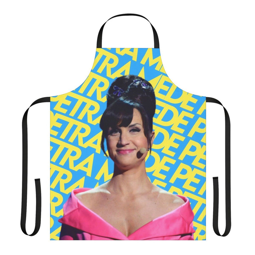 Petra Mede Eurovision-themed apron with "Love Love Peace Peace" design