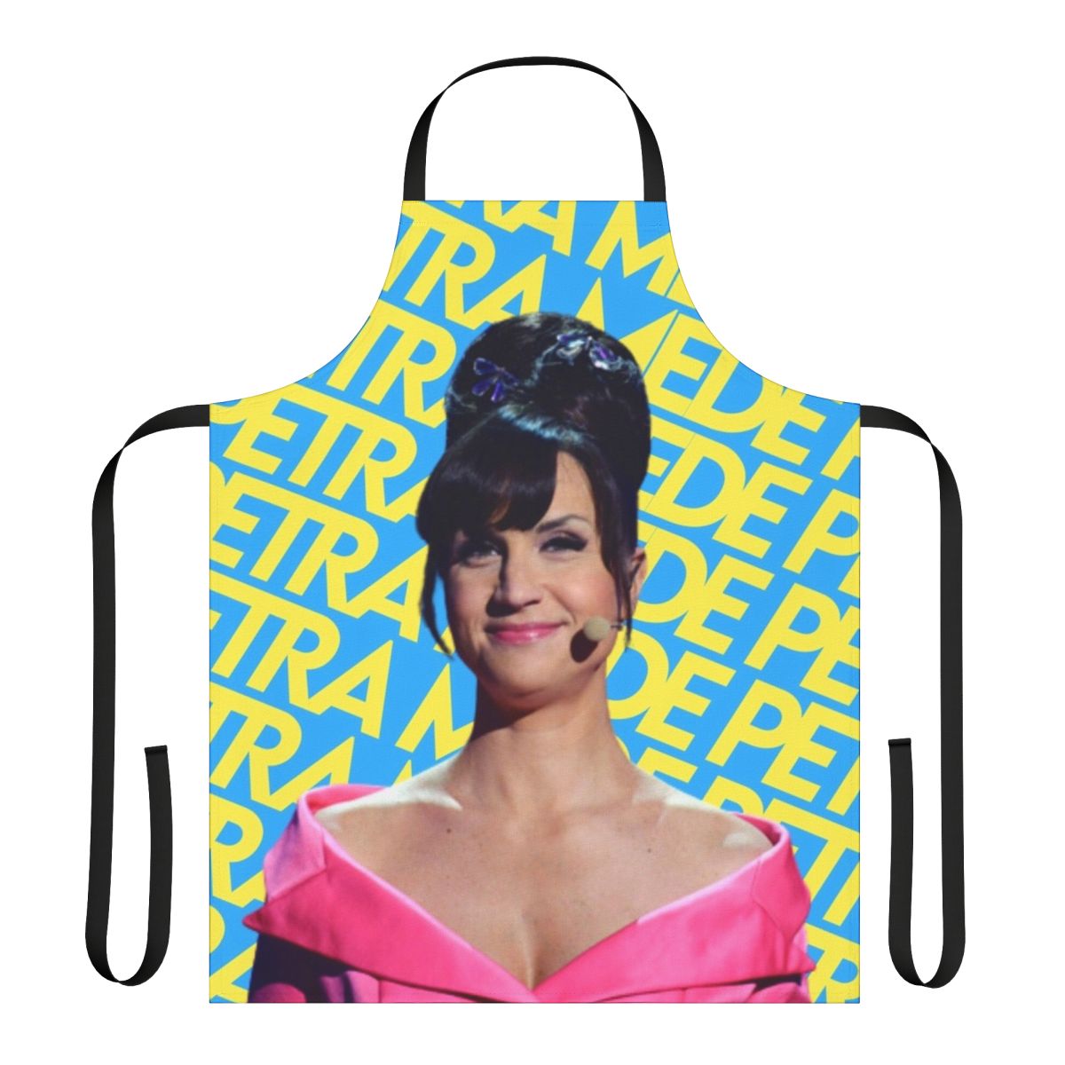 Petra Mede Eurovision-themed apron with "Love Love Peace Peace" design