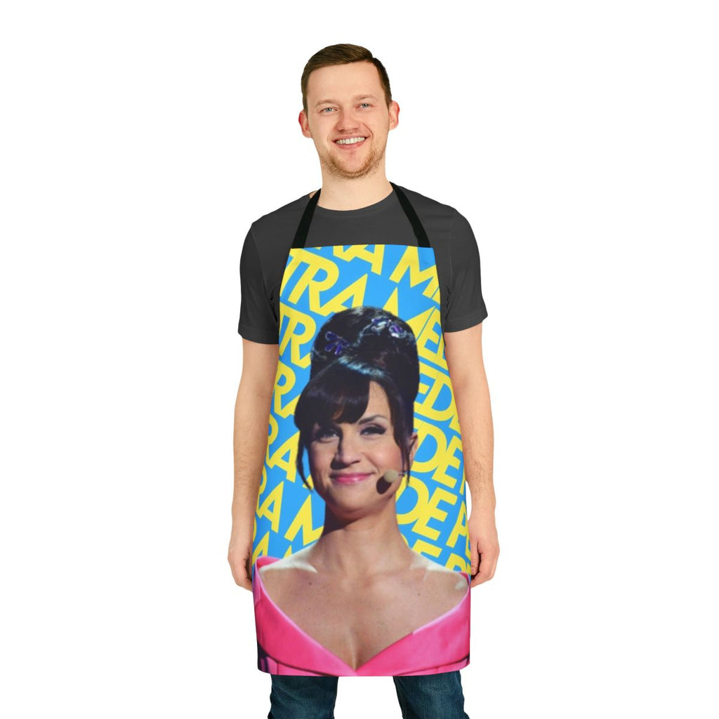 Petra Mede Eurovision-themed apron with "Love Love Peace Peace" design