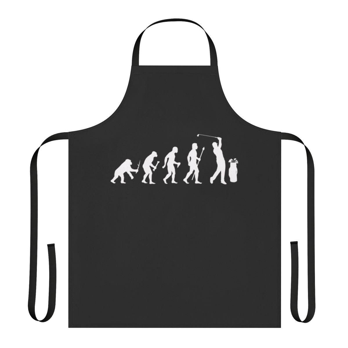 Funny apron featuring the evolution of golf from caveman to modern golfer