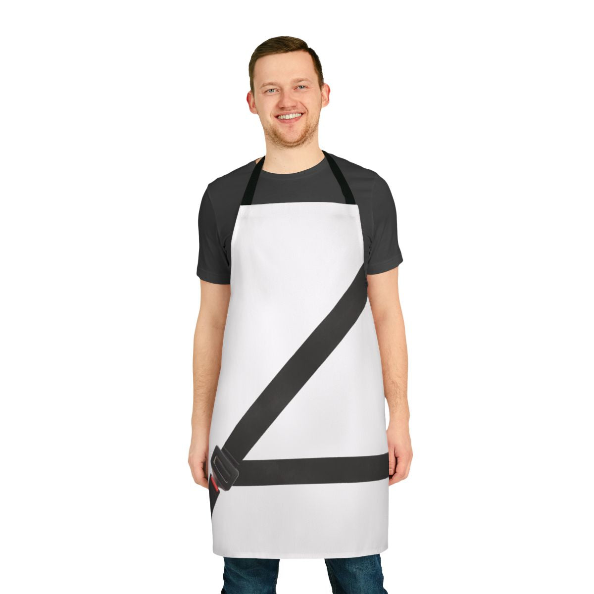 Novelty fake seatbelt apron for car safety and accident prevention