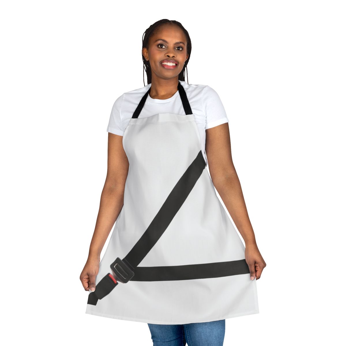 Novelty fake seatbelt apron for car safety and accident prevention