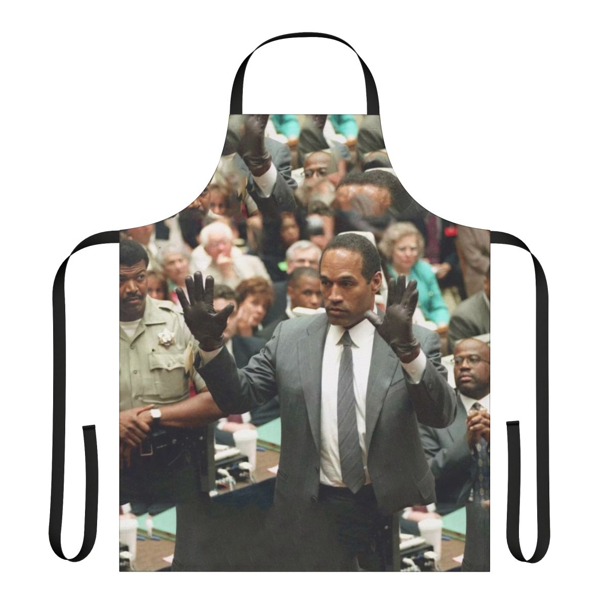 Novelty apron featuring OJ Simpson-inspired glove design