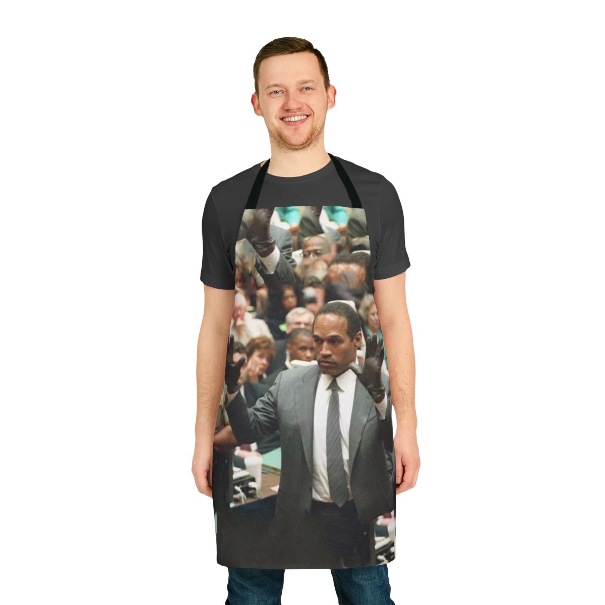 Novelty apron featuring OJ Simpson-inspired glove design