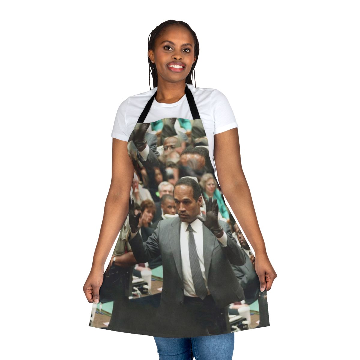 Novelty apron featuring OJ Simpson-inspired glove design