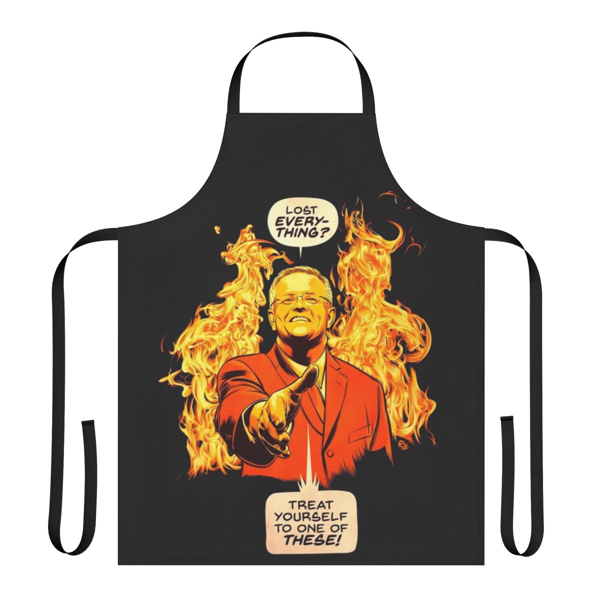 Novelty kitchen apron featuring a humorous design of Scott Morrison's infamous handshake