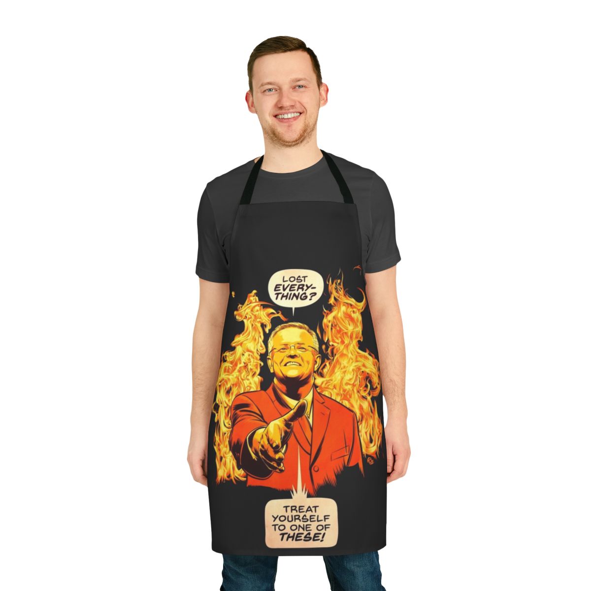 Novelty kitchen apron featuring a humorous design of Scott Morrison's infamous handshake