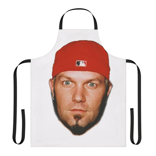 A high-quality apron featuring the iconic image of Fred Durst, the lead singer of the nu metal band Limp Bizkit.
