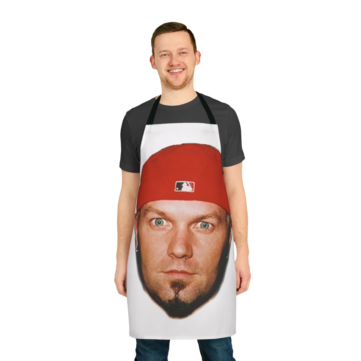 A high-quality apron featuring the iconic image of Fred Durst, the lead singer of the nu metal band Limp Bizkit.