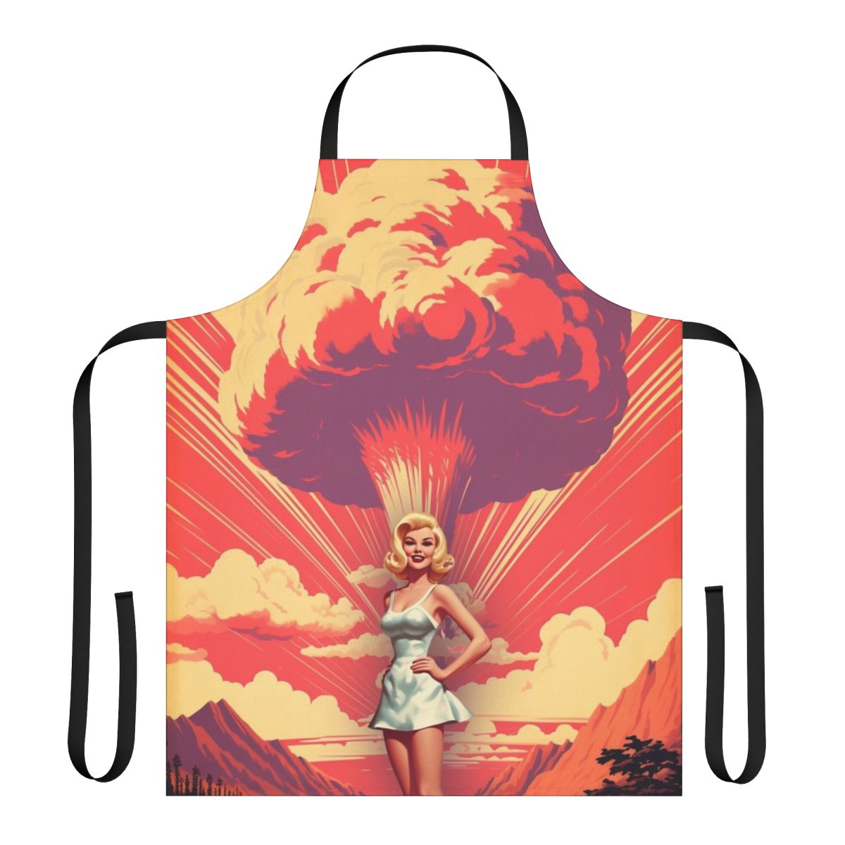 A retro-style apron featuring a nuclear explosion mushroom cloud design, a humorous reference to the 2023 film "Barbenheimer".