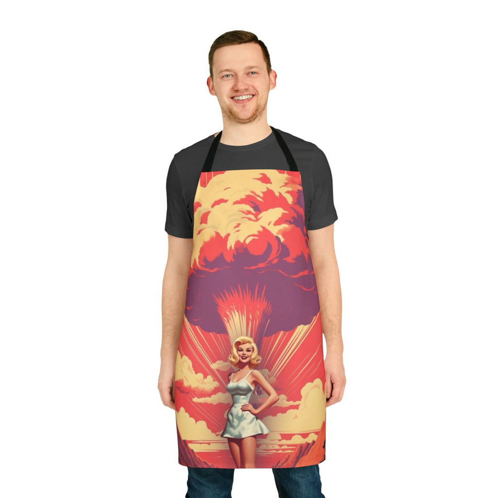 A retro-style apron featuring a nuclear explosion mushroom cloud design, a humorous reference to the 2023 film "Barbenheimer".