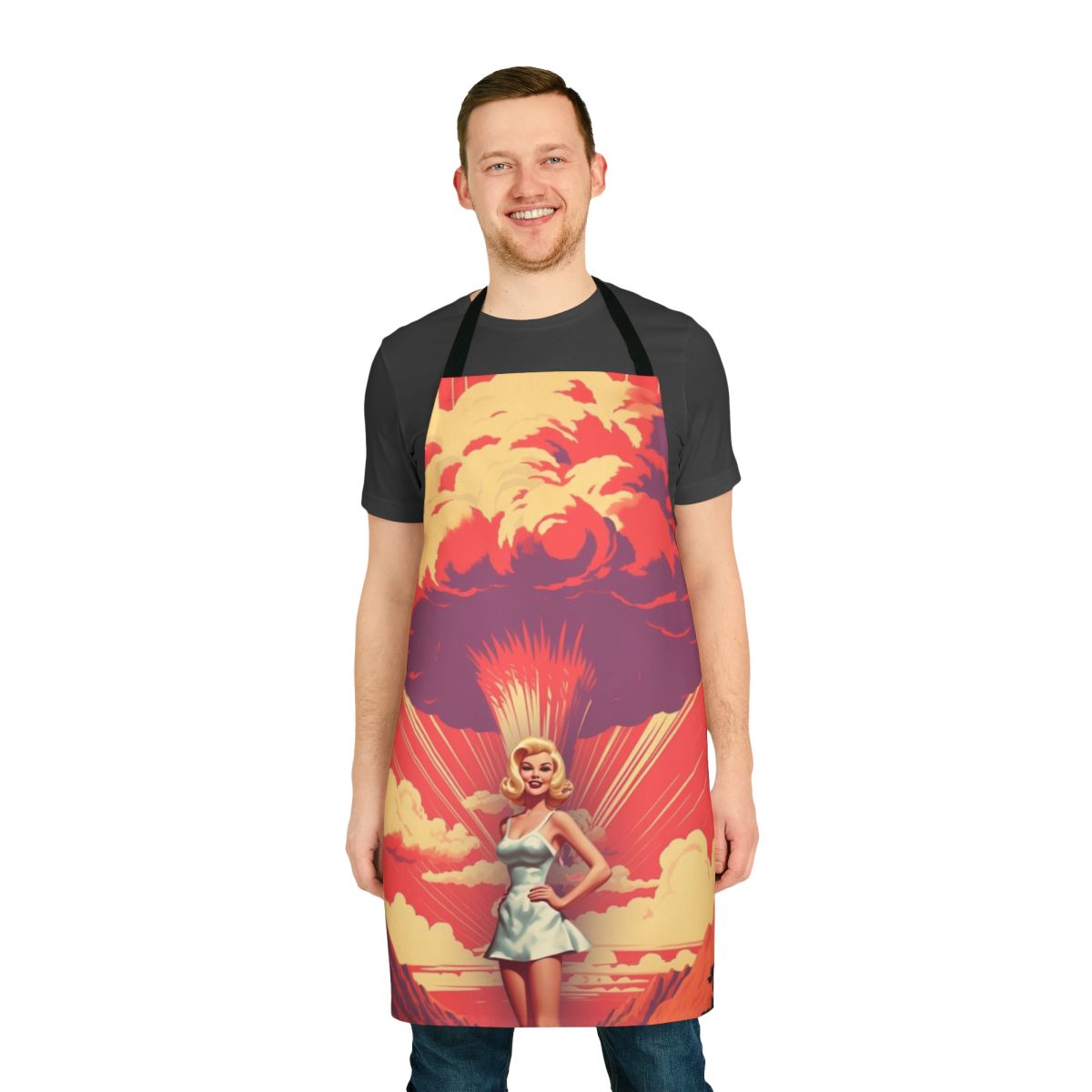 A retro-style apron featuring a nuclear explosion mushroom cloud design, a humorous reference to the 2023 film "Barbenheimer".