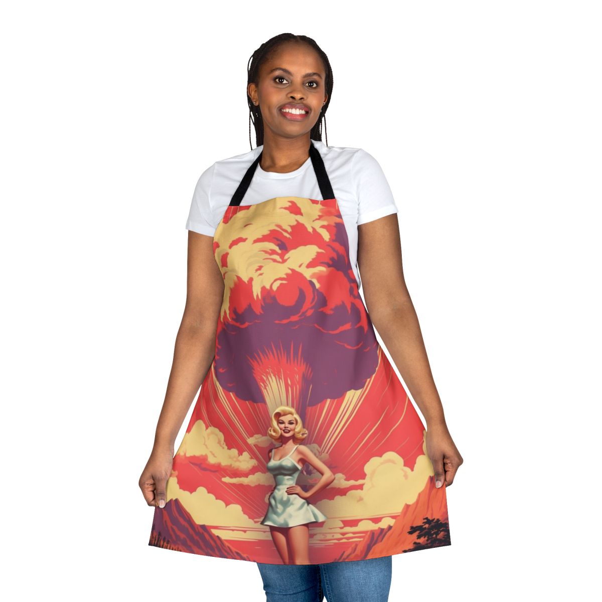 A retro-style apron featuring a nuclear explosion mushroom cloud design, a humorous reference to the 2023 film "Barbenheimer".