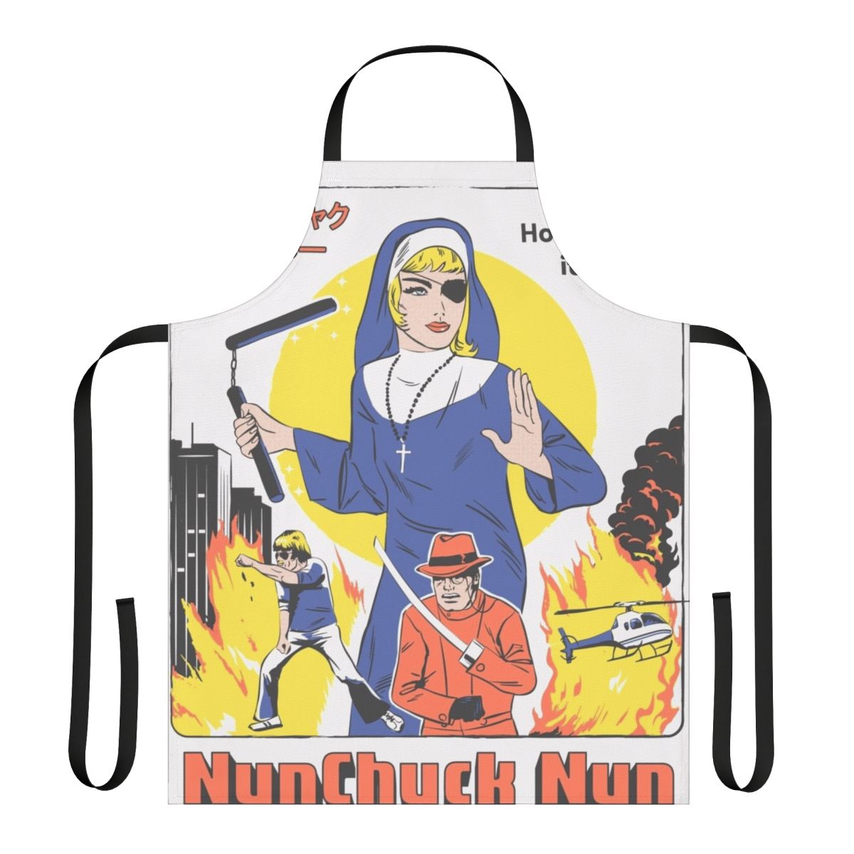 Nunchuck Nun Parody Apron featuring a nun wielding nunchucks in a retro movie-inspired design