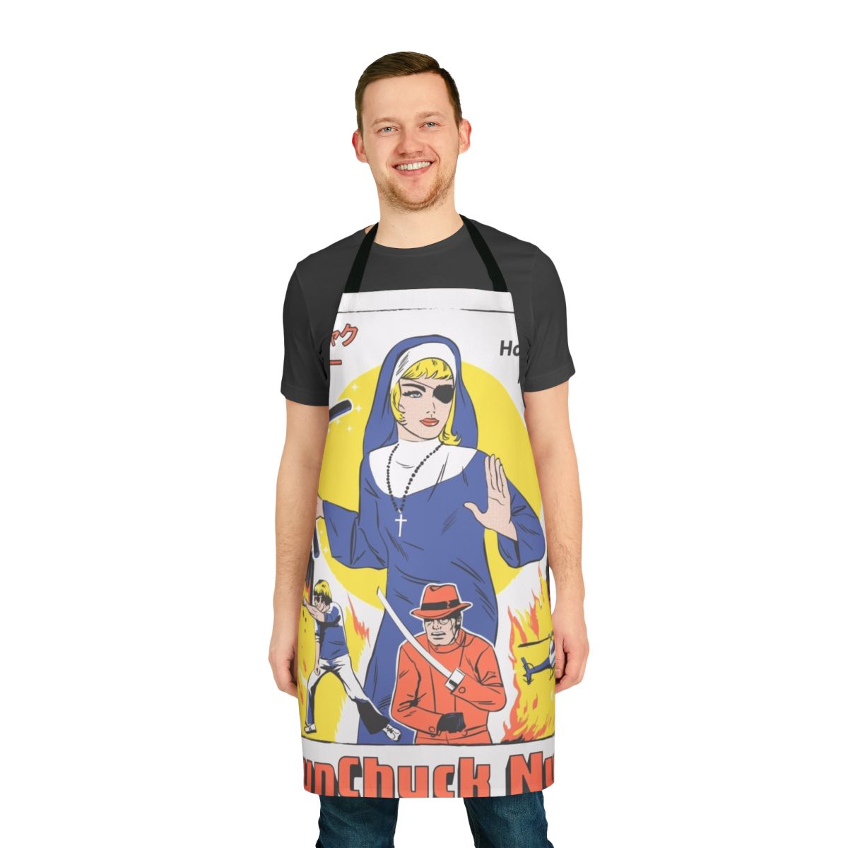 Nunchuck Nun Parody Apron featuring a nun wielding nunchucks in a retro movie-inspired design