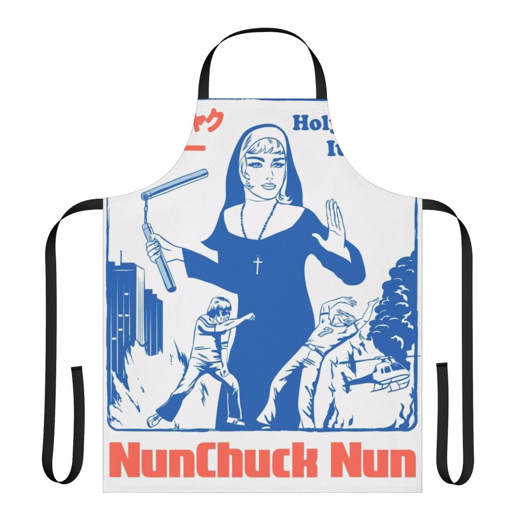 Apron with a nunchuck-wielding nun graphic, referencing 70s and 80s kung fu movie culture.