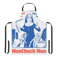 Apron with a nunchuck-wielding nun graphic, referencing 70s and 80s kung fu movie culture.