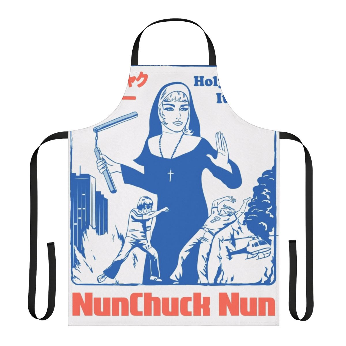 Apron with a nunchuck-wielding nun graphic, referencing 70s and 80s kung fu movie culture.