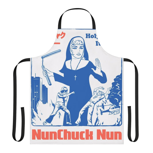 Apron with a nunchuck-wielding nun graphic, referencing 70s and 80s kung fu movie culture.