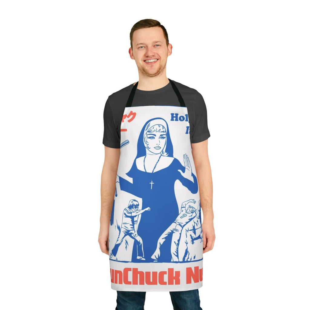 Apron with a nunchuck-wielding nun graphic, referencing 70s and 80s kung fu movie culture.