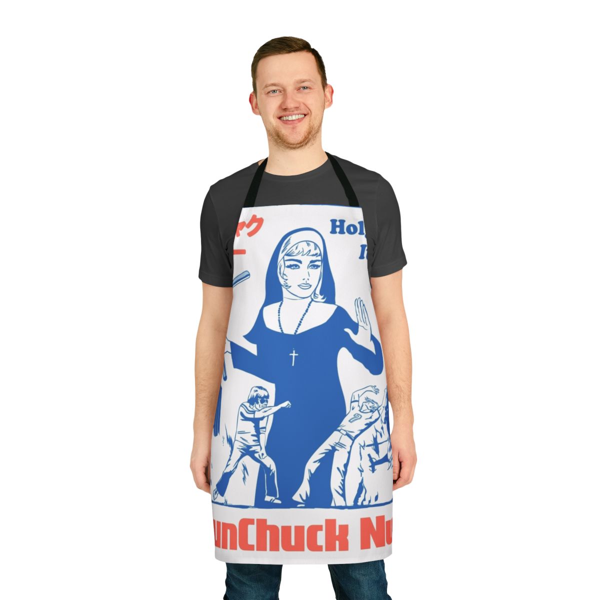 Apron with a nunchuck-wielding nun graphic, referencing 70s and 80s kung fu movie culture.