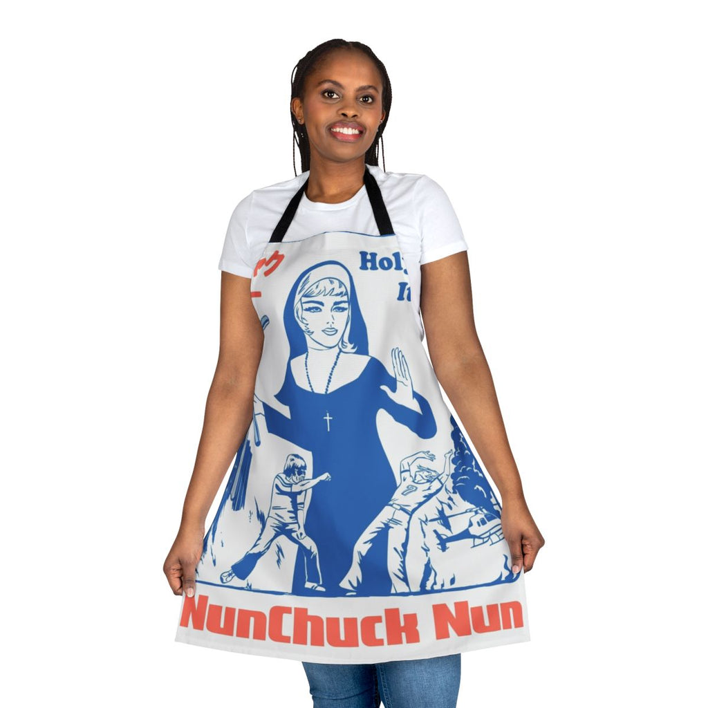 Apron with a nunchuck-wielding nun graphic, referencing 70s and 80s kung fu movie culture.