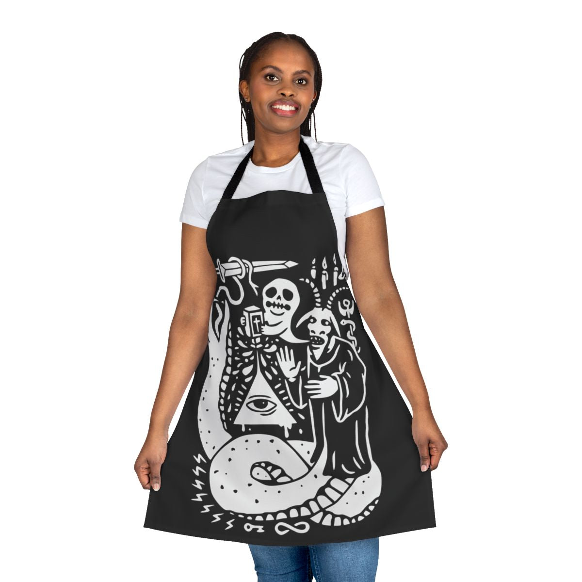 Occult-inspired apron with dark symbols and imagery