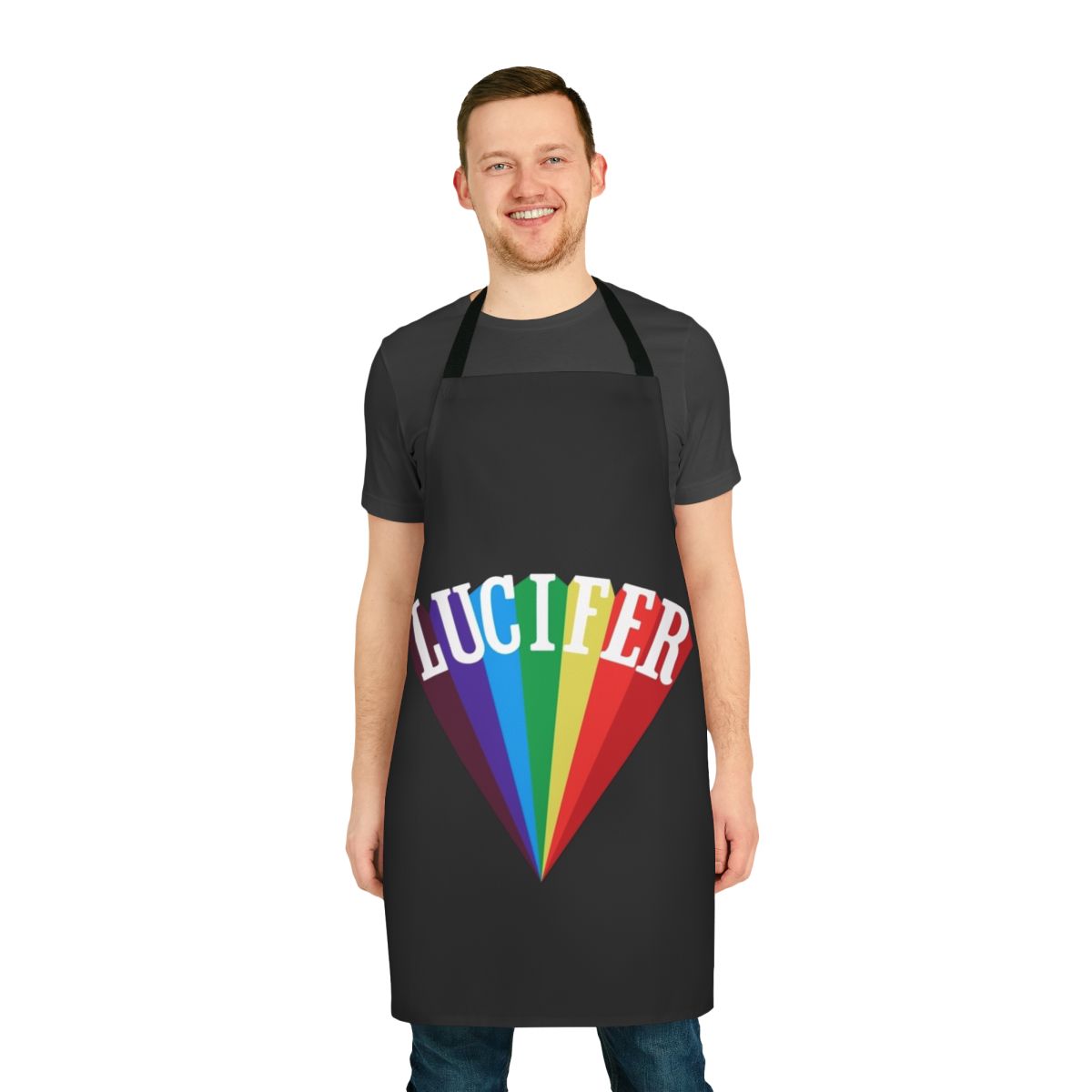 Apron featuring occult and satanic imagery, designed in a rainbow color scheme