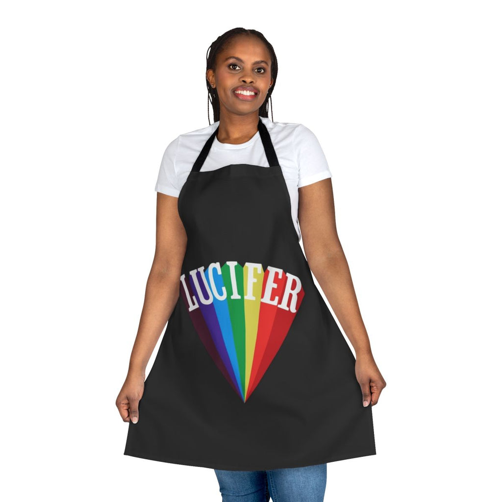 Apron featuring occult and satanic imagery, designed in a rainbow color scheme