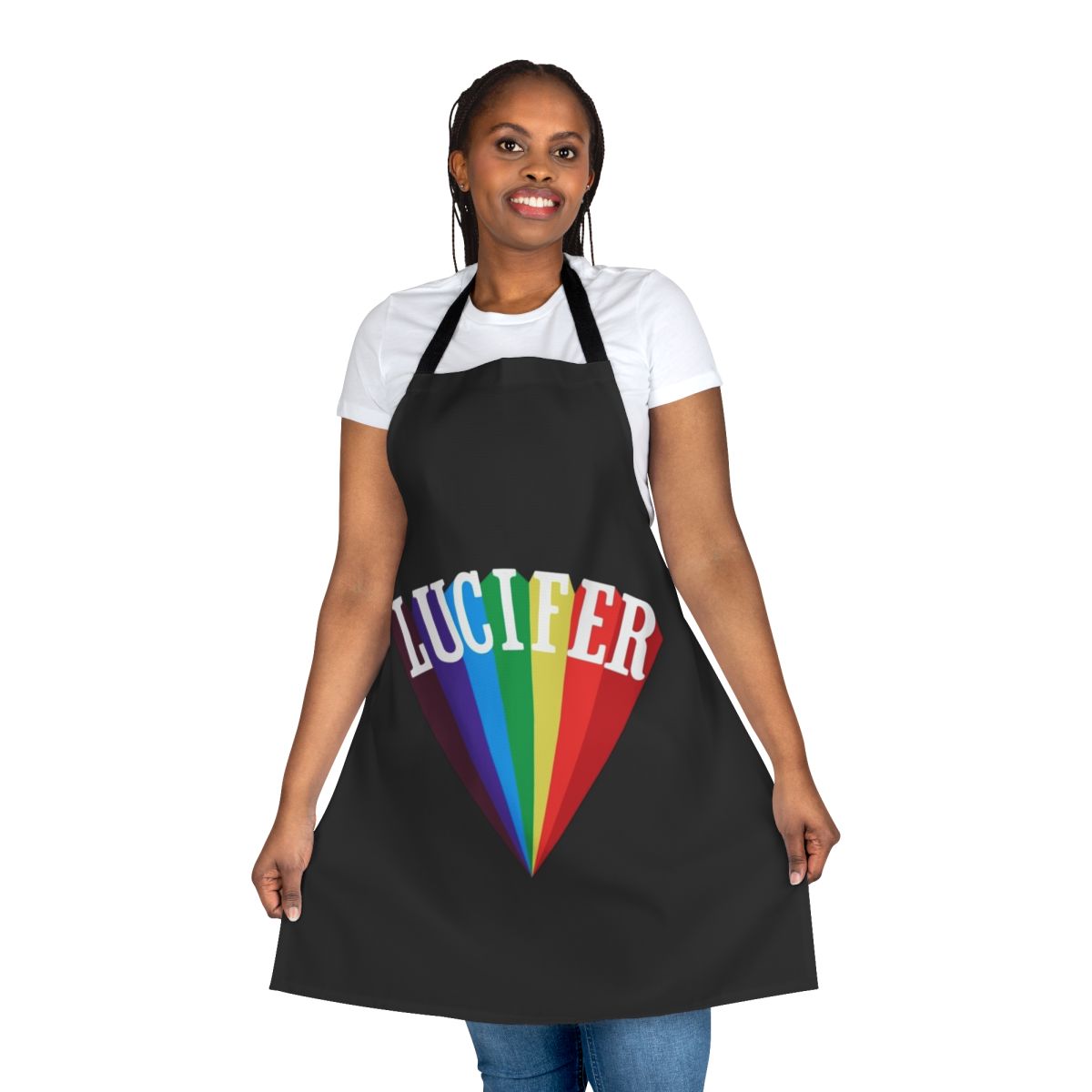 Apron featuring occult and satanic imagery, designed in a rainbow color scheme