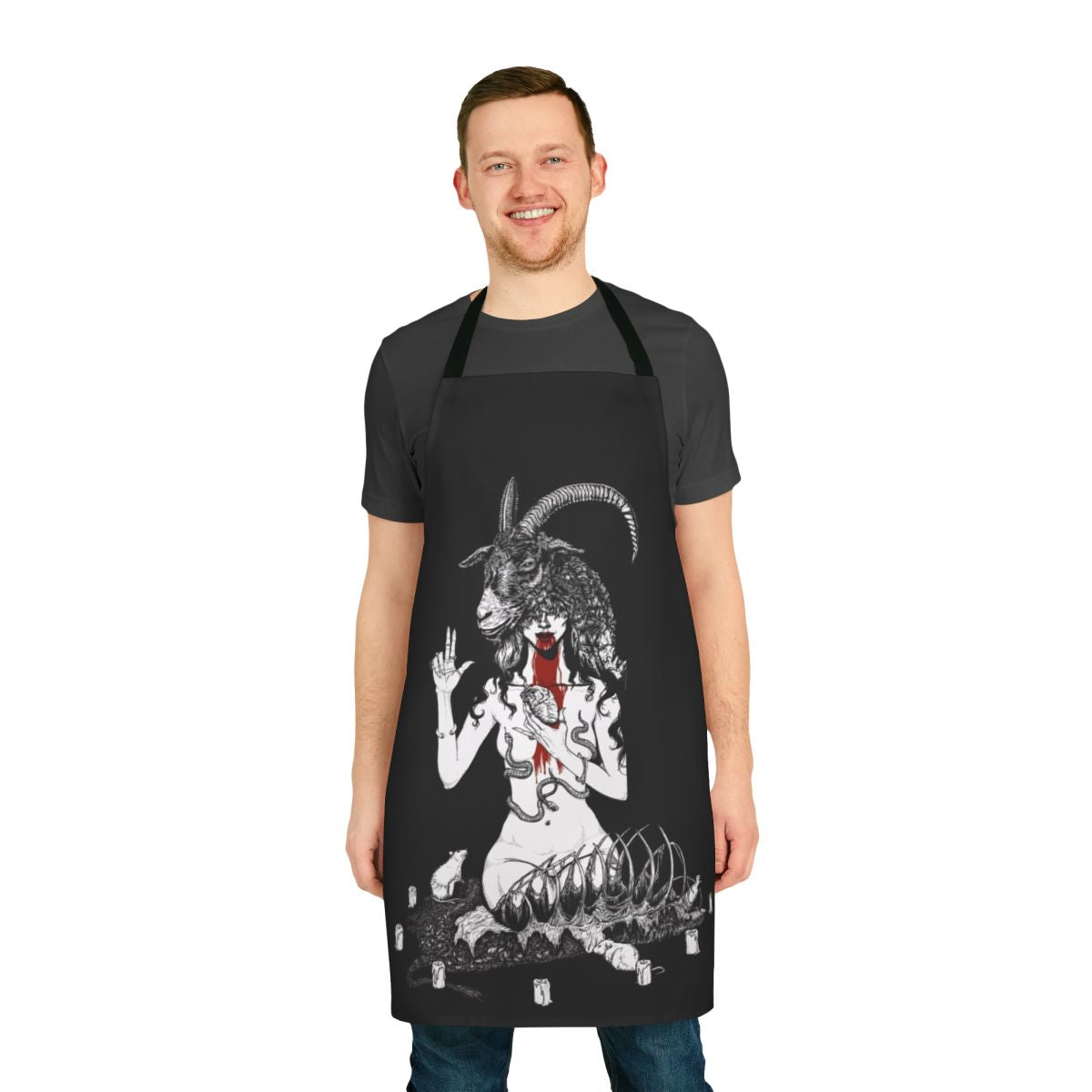 Occult satanic horror apron with baphomet, goat head, and other occult symbols