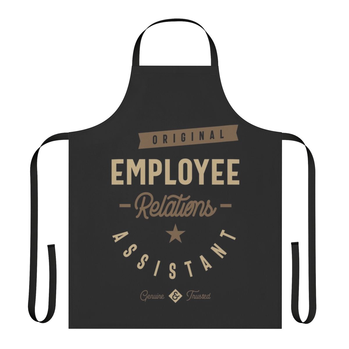 An apron with the text "Employee Relations Assistant" in a modern typographic design