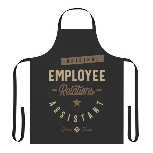 An apron with the text "Employee Relations Assistant" in a modern typographic design