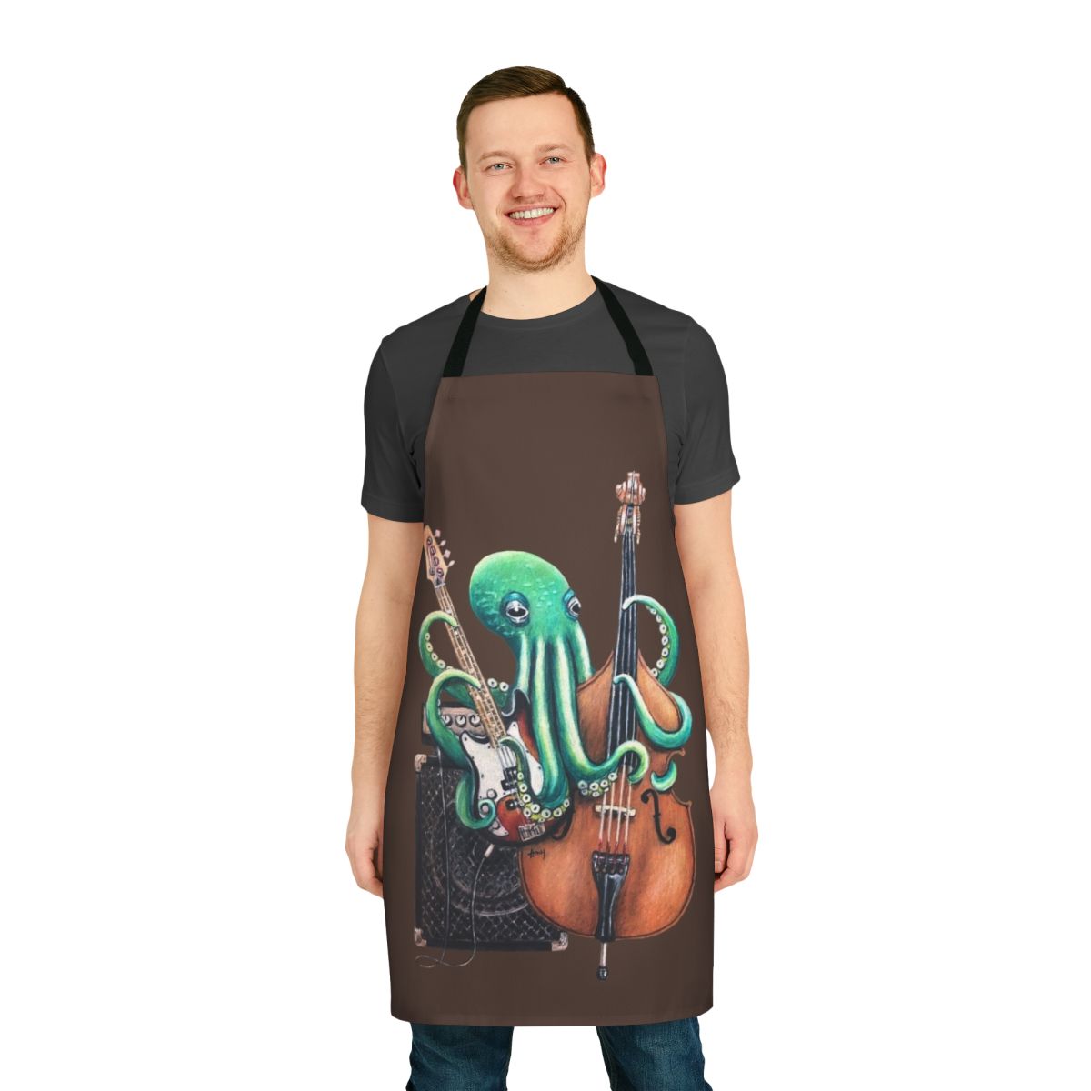 Octobass-themed apron with tentacles and musical notes
