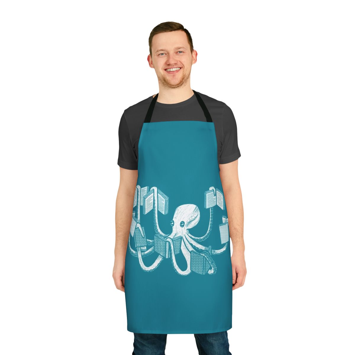 Octopus apron with a literary and reading theme