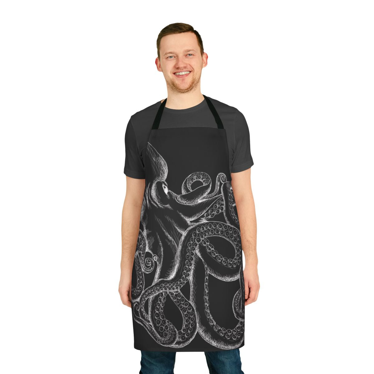 Stylish black and white octopus line art design on a high-quality cooking apron