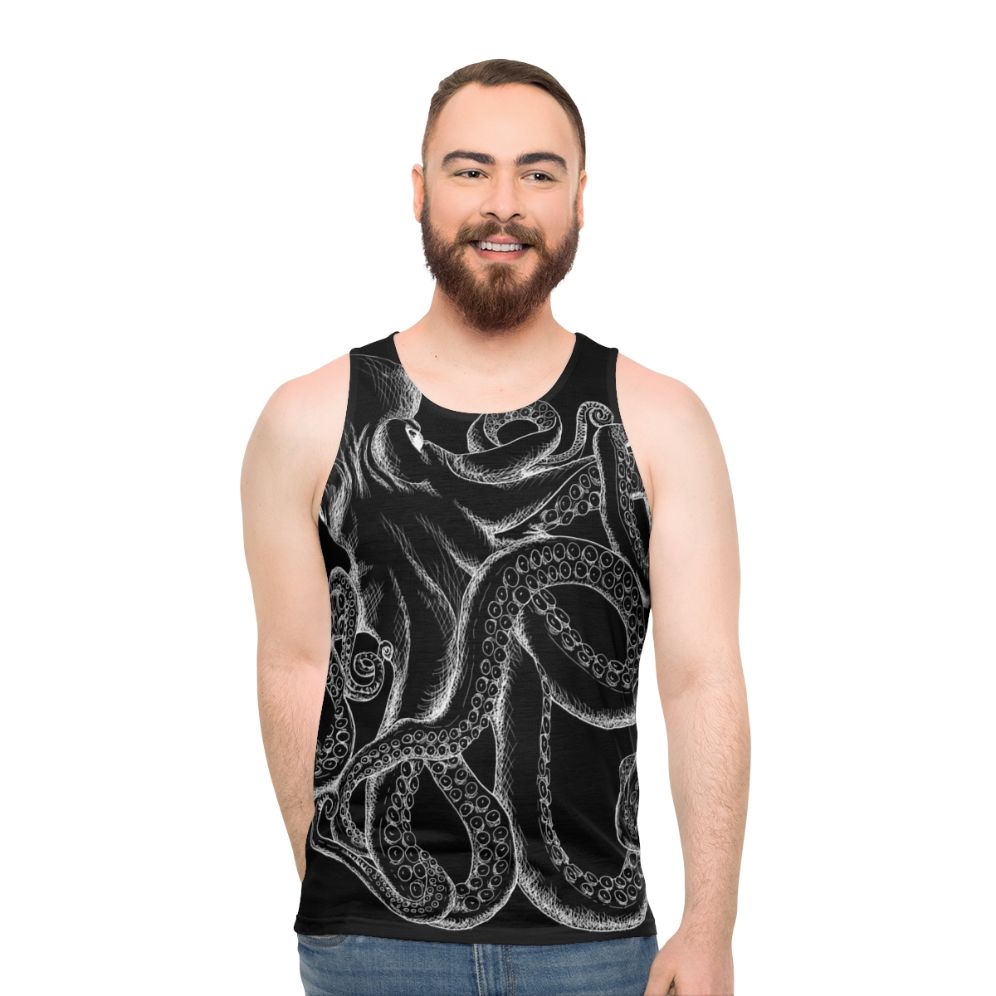 Octopus line art design on a white unisex tank top