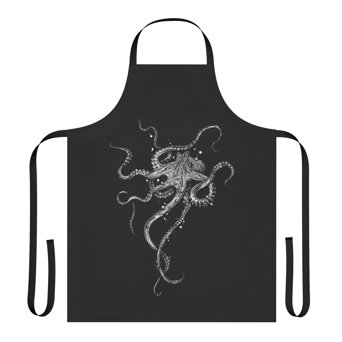 Octopus tentacle pattern apron with black and white pen and ink illustration of a sea creature