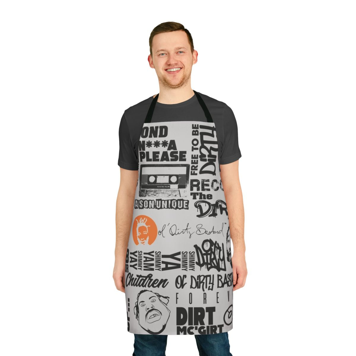 ODB-inspired word cloud apron featuring hip hop quotes and rap lyrics