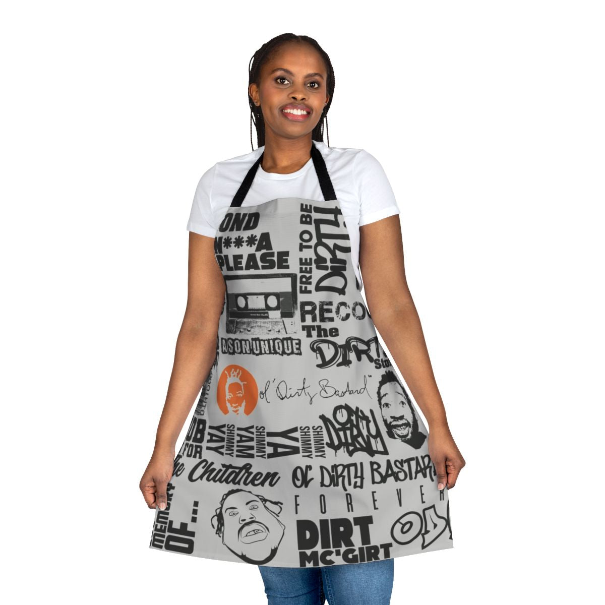 ODB-inspired word cloud apron featuring hip hop quotes and rap lyrics