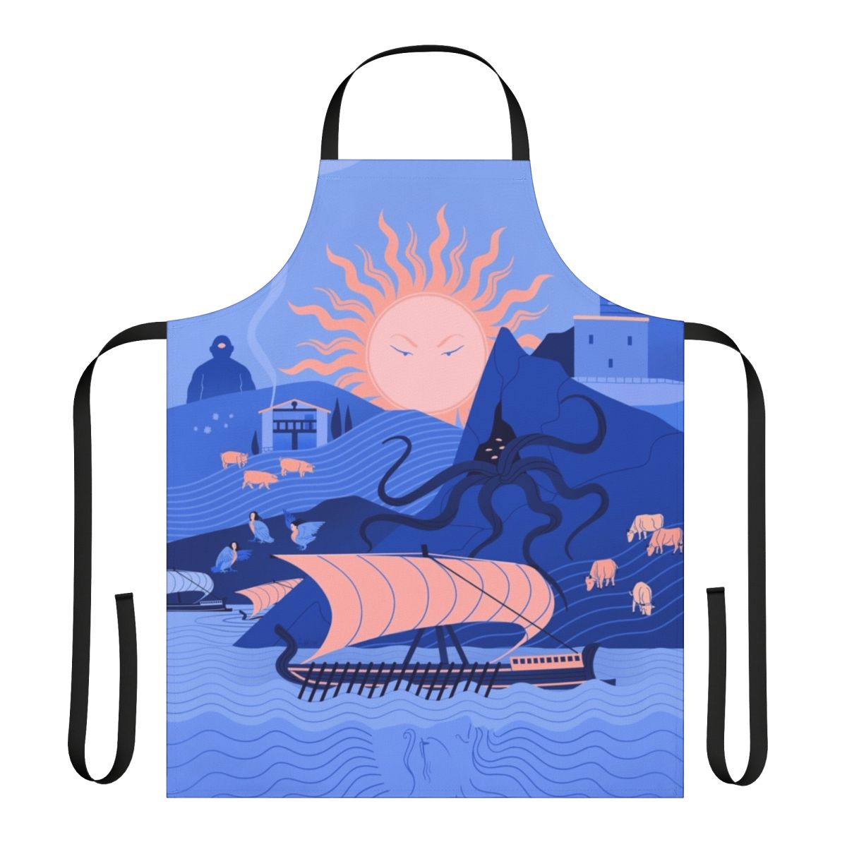Beautifully designed apron featuring imagery and motifs from Homer's Odyssey, the classic Greek epic.
