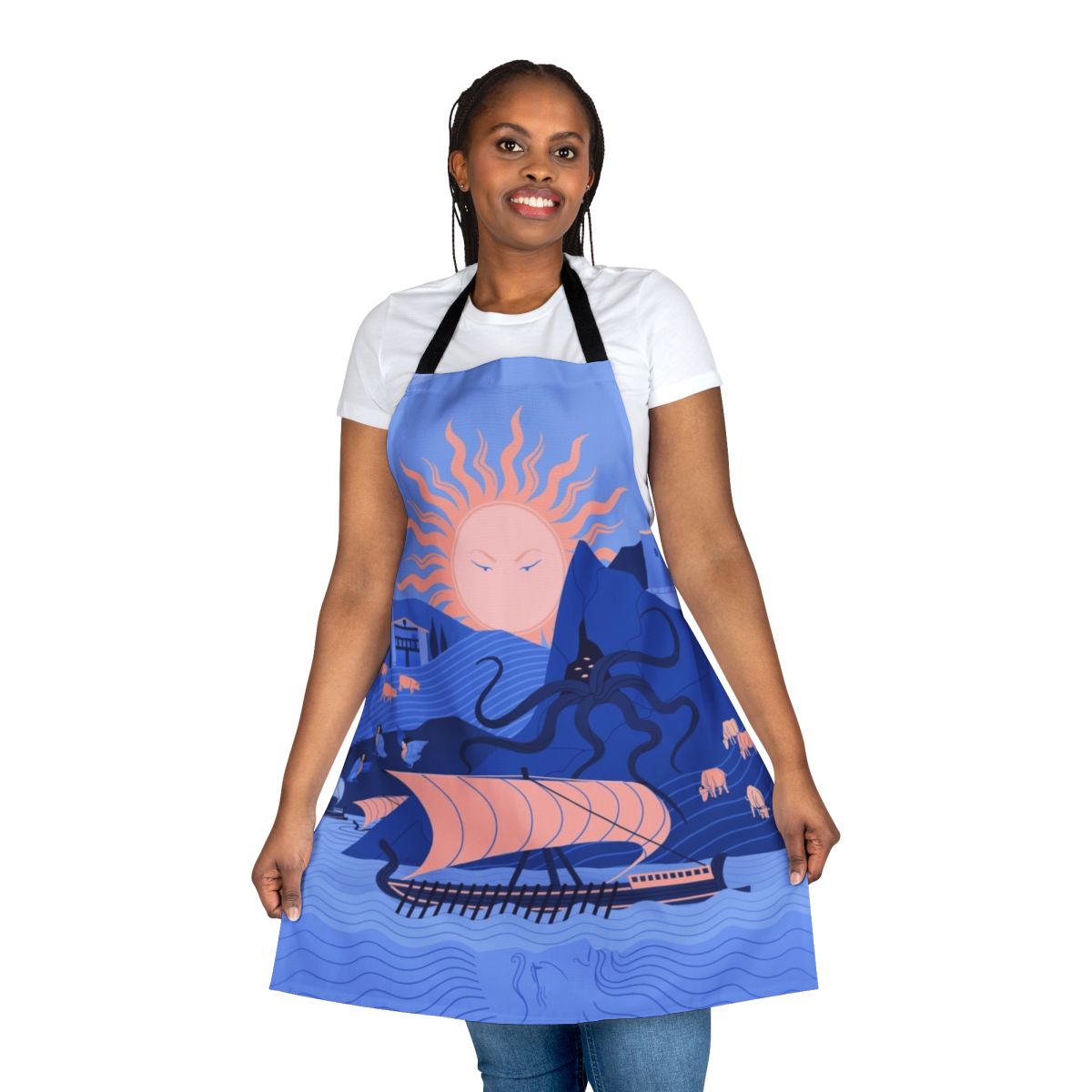 Beautifully designed apron featuring imagery and motifs from Homer's Odyssey, the classic Greek epic.