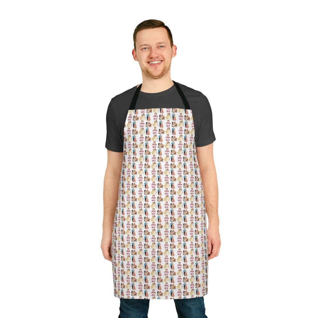 Bridgerton-themed apron with cast characters and logo